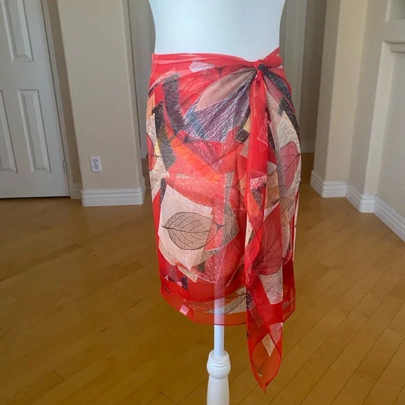 Vibrant Red Leaf Patterned Scarf Sarong Wrap