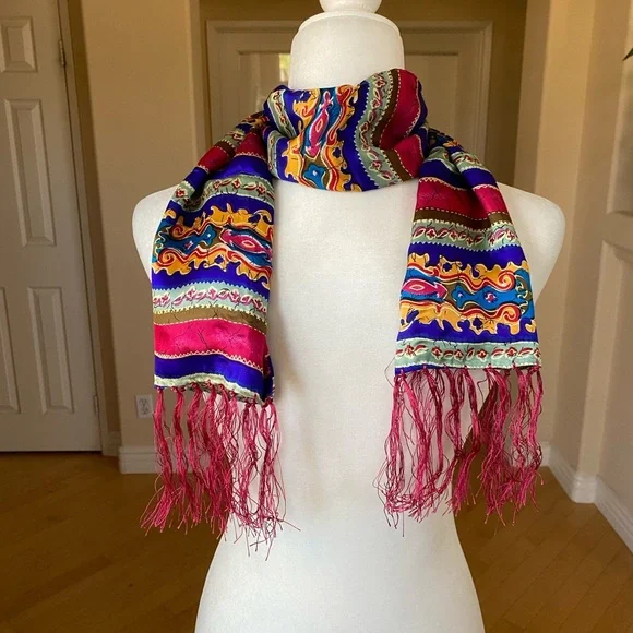Vibrant Silk Paisley Scarf with Fringe