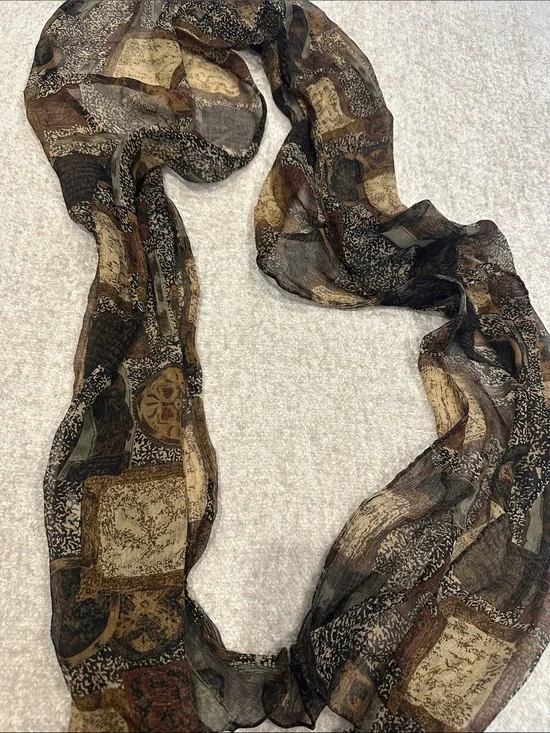 100% silk Sheer Patchwork Print Scarf in Black, Brown & Tan
