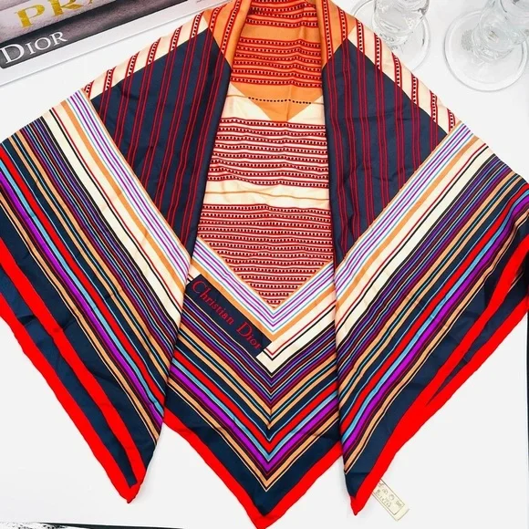 Dior Vintage Multicolor Striped Silk Scarf