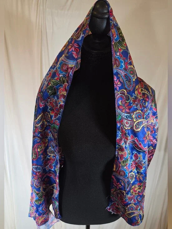 Vintage Blue Paisley Silk Satin Scarf Large Rectangle Shawl Wrap Boho Ornate