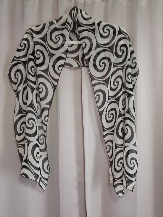 Creative Connections New York Silk Oblong Scarf 66×13 Black White Mod Swirl