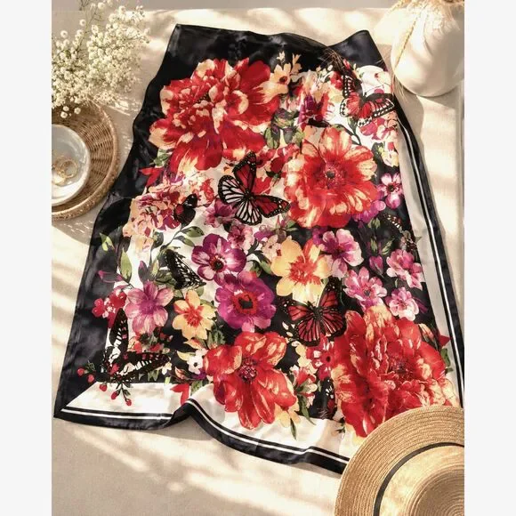 Floral Butterfly Scarf Silk Blend Romantic Coquette Neck Hair Head Square Wrap