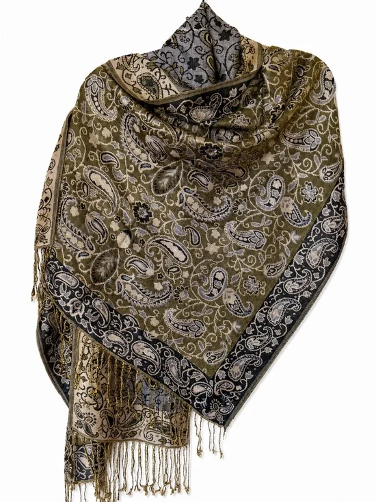 Pashmina & Silk Paisley Fringe Shawl Scarf or Wrap. Reversible.