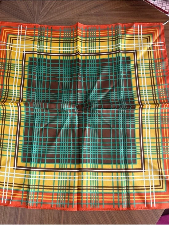 Vintage deadstock Plaid Silk Scarf - Orange, Yellow, Green, Brown