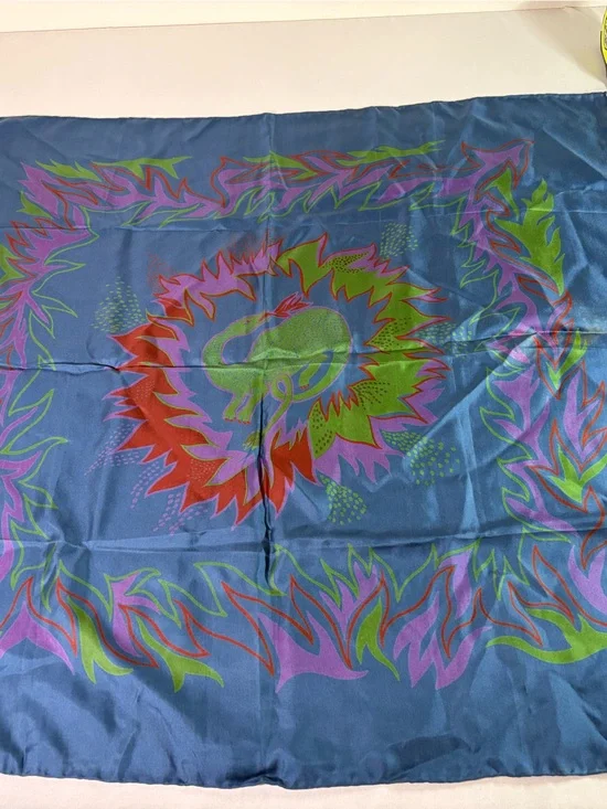 Vibrant Blue Silk Scarf with Multicolor Flame Motif
