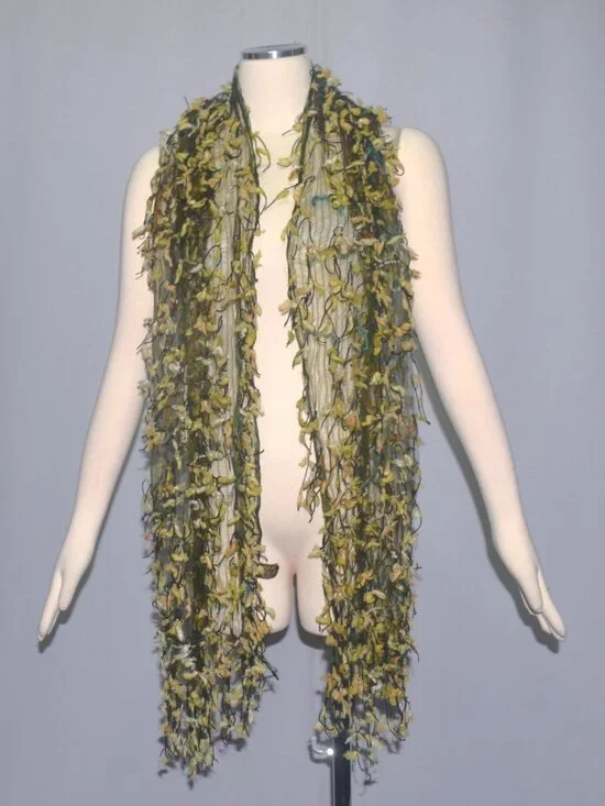 Vintage Fleurs Fiber Wearable Art Rectangle Sheer Web Scarf Fringe Pieces Silk