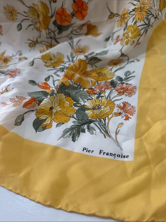 Pier Francoise Vintage Yellow Floral Silk Scarf 33” by 34”