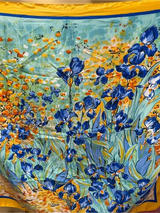Vintage square art silk Floral Blue & Yellow Scarf Wrap