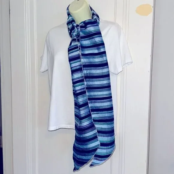Striped‎ light blue, purple, green, red & navy blue striped shantung silk scarf