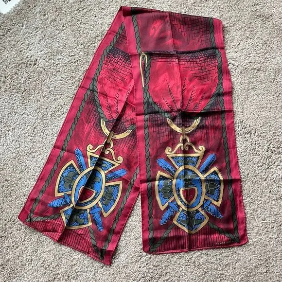 VTG Silk Scarf Elaine Gold Crest Shield Red Gold Equestrian Wrap 50