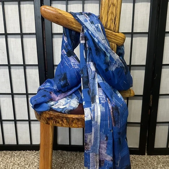 Brora Blue and Purple Abstract Sheer Long Cotton/Silk Scarf EUC 28x 72”