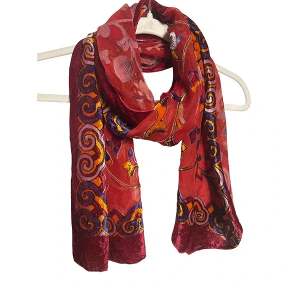 Vibrant Velvet Trimmed Silk Blend Floral Scarf Red Purple Orange 62