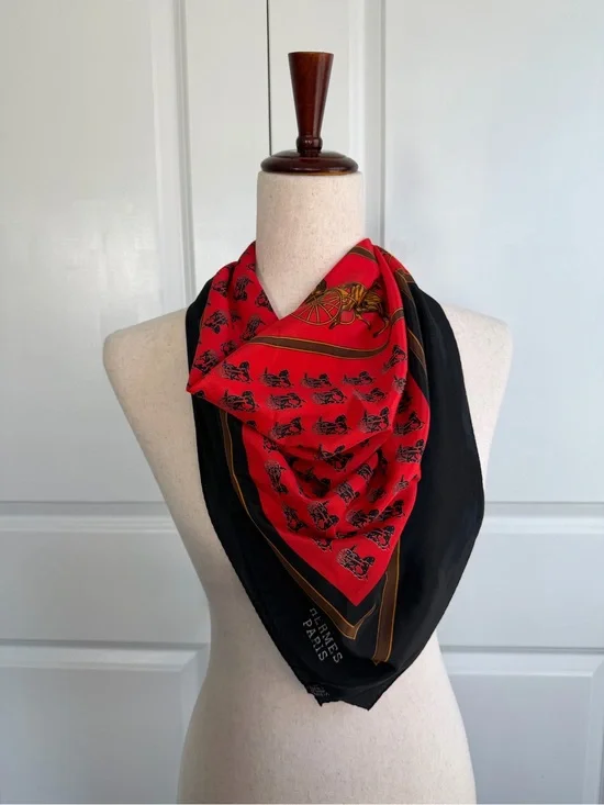 Vintage Hermes Paris Silk Horse and Carriage Scarf Red and Black
