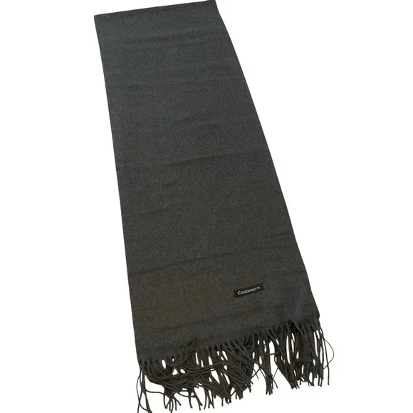 Luxurious Charcoal‎ Gray Cashmere Silk Scarf with Fringes