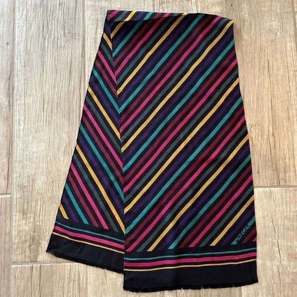 Jaeger Vintage‎ Long 100% Silk Scarf Diagonal Stripe Black W Gold Magenta Green