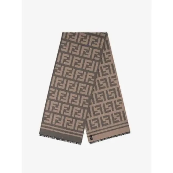FENDI Gray & Sand Wool Silk FF Motif Scarf NWT Fringe Wrap 180x35cm (71x14in)