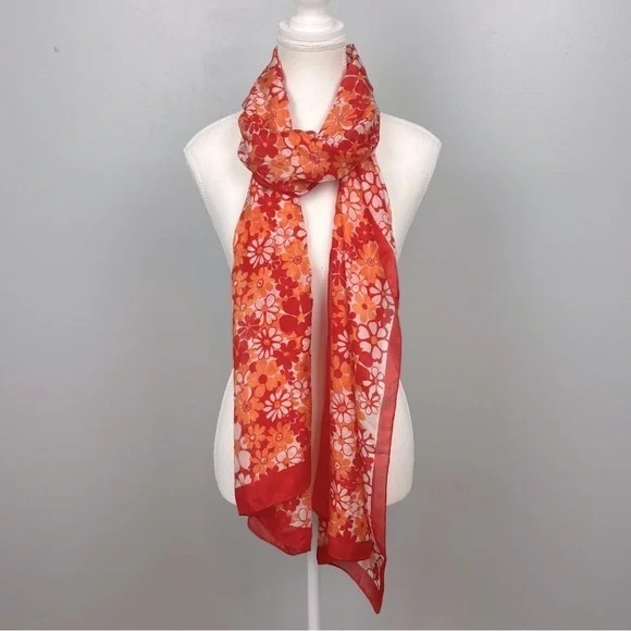 Bijoux Terner 100% silk pink & orange floral daisy print scarf.