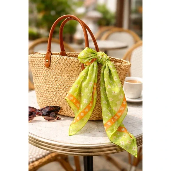 Echo Silk Scarf Floral Daisy Green Orange Sheer‎ Square Vintage 21