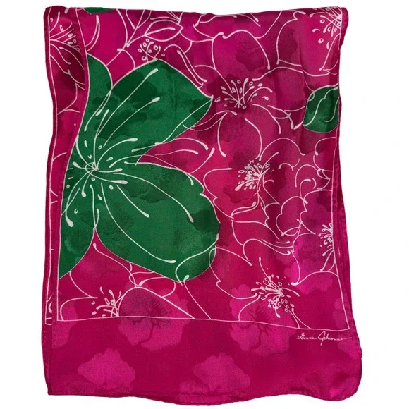 Ginnie Johnson Pink Hibiscus Floral‎ Silk Scarf Tropical Botanical Signed 61x11