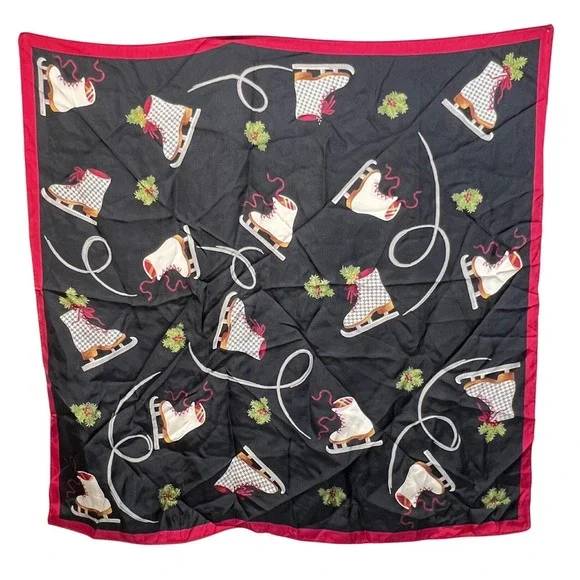 Vintage Style Ice Skate Holly Christmas Scarf Black‎ Red Square Holiday