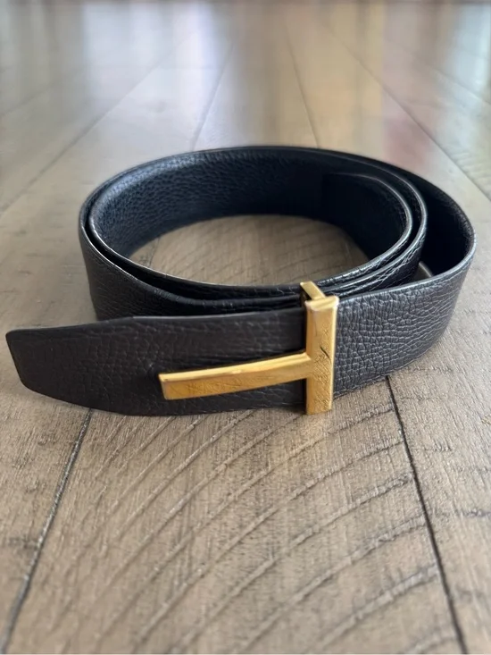 Tom Ford Reversible Leather T-Buckle Logo Black Brown Belt, Size 95