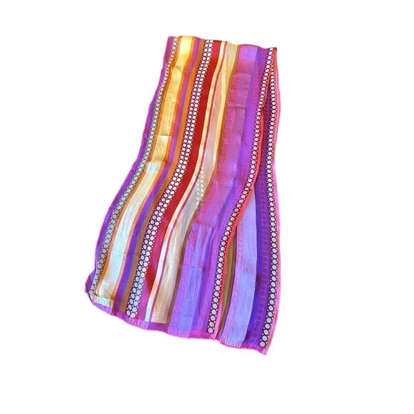 Jones New York Scarf Multicolor Silk Striped Polka Dot Metallic Accent Oblong