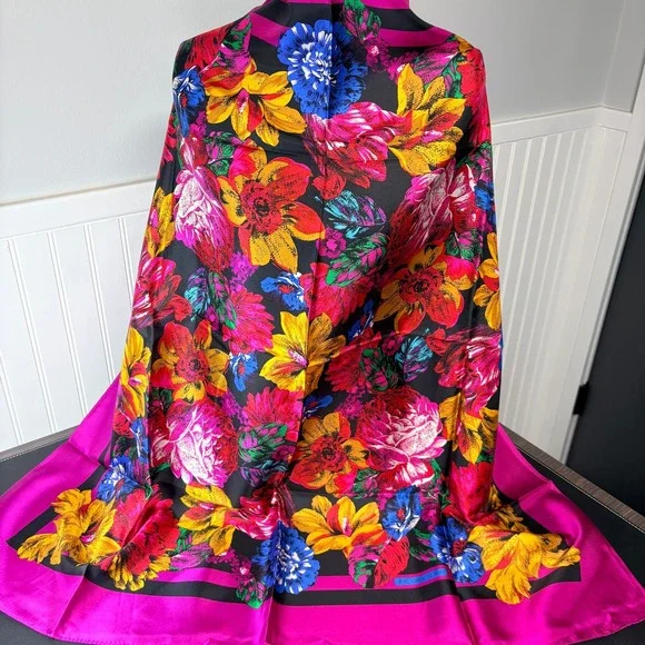 JH Collectibles Silk Scarf Vintage Floral‎ Fuchsia Black Square 34x34 Large