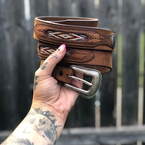 Orvis Brown Leather Belt with Southwestern Inlay and Silver Buckle