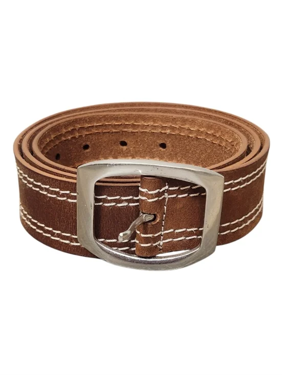 Men's Brown Leather Casual Belt with Silver Buckle Size XXL