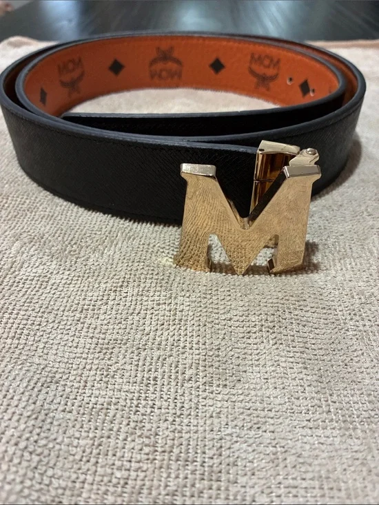 MCM Black and Cognac Leather Belt with Gold 'M' Buckle