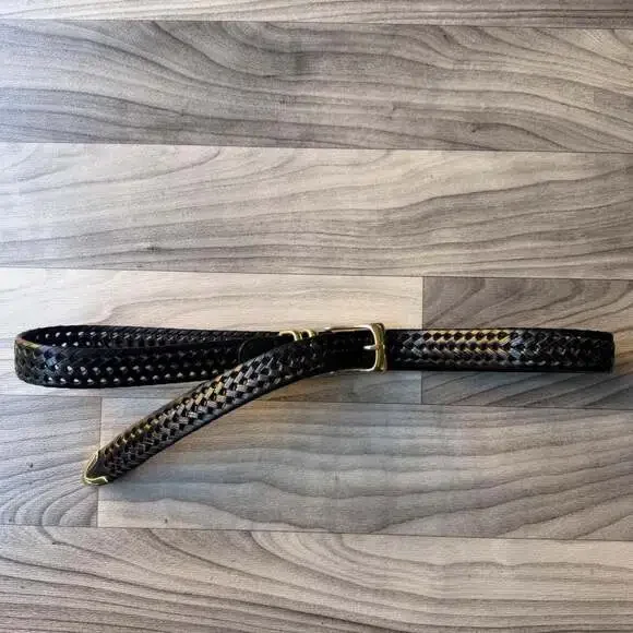 Vintage Y2K Black Woven Leather Belt with Gold-Tone Buckle Size 40