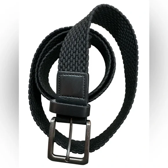 Casual Stretch Braided Black Belt Leather Tab Ends Square Nickel Buckle Mens XL