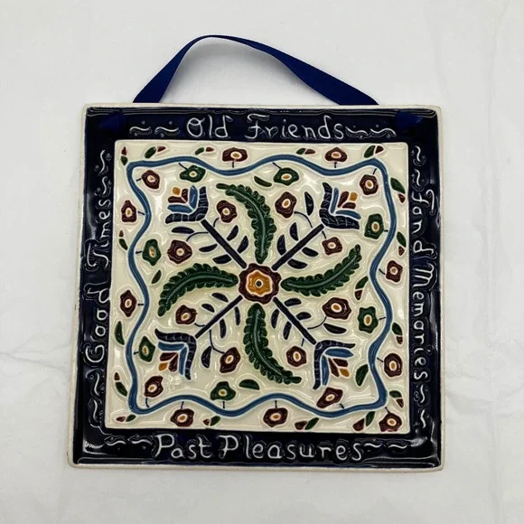 J. Duban Designs Hanging Tile Old Friends 6x6 Navy Blue Vintage Handcrafted