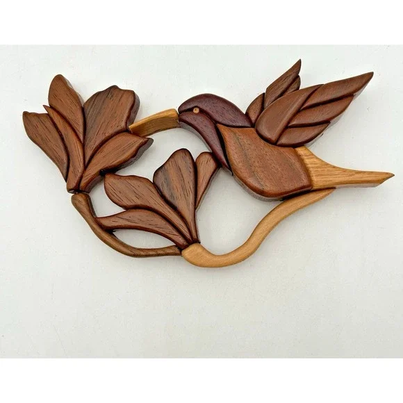 Hand crafted Intarsia Wood Art HUMMINGBIRD & Flower Wall Plaque 3D