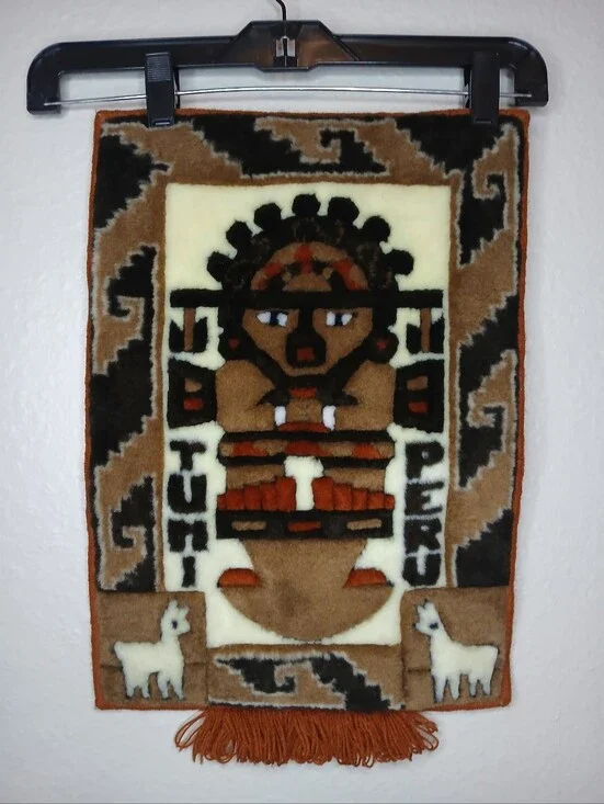 Vintage Peruvian Textile Wall Hanging with Tribal Figure - Brown & Cream