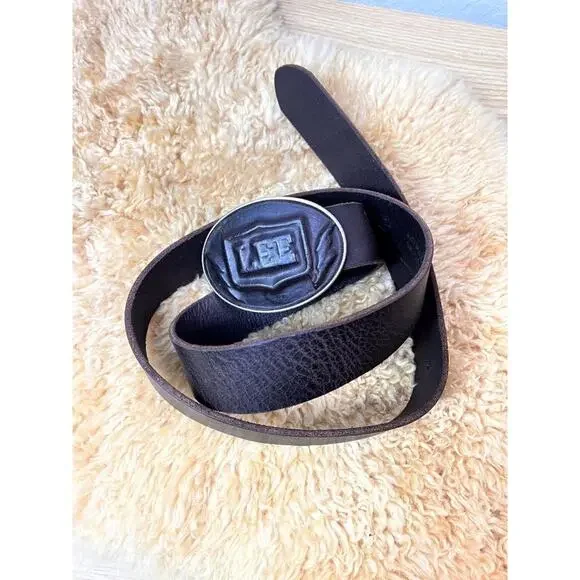 Lee Cowboy Brown Leather Belt With Oval Metal Buckle Made In Italy