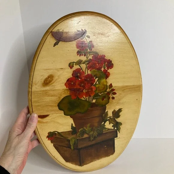 Vintage Hand Painted Oval Wood Wall Art Geranium Flower Butterfly LaVonne Signed
