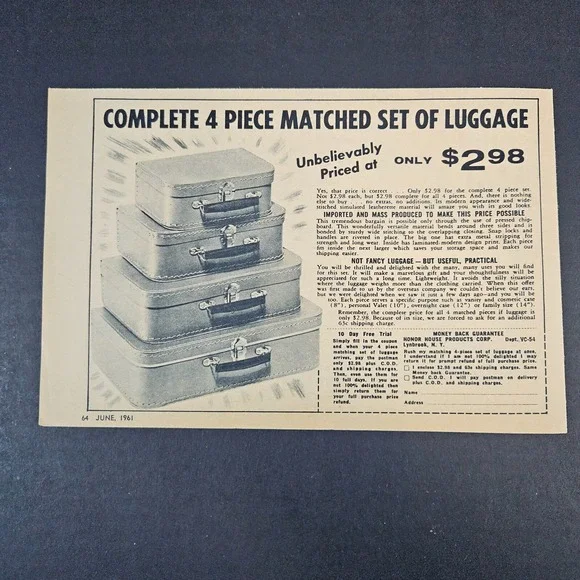 1961‎ Honor House Products 4-Pc Luggage Set Vintage Print Ad Lynbrook, NY Travel