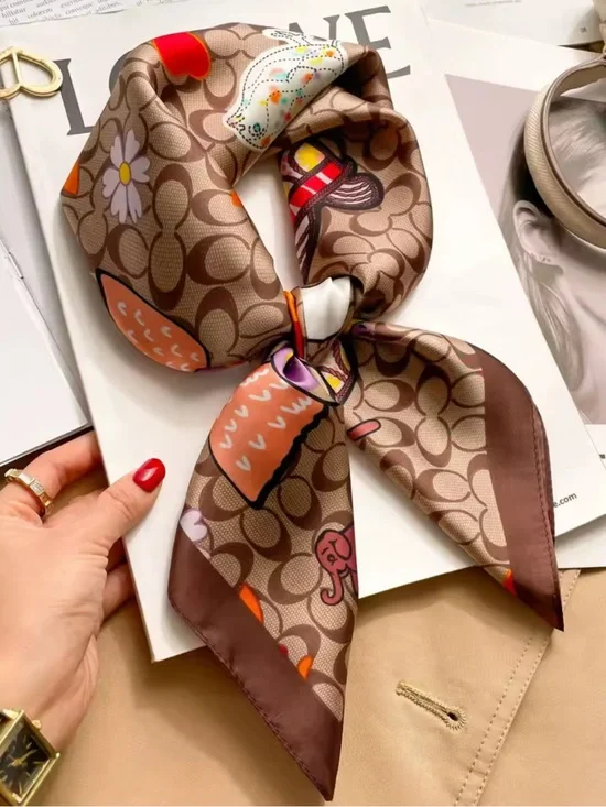 Brown Patterned Silk-Feel Scarf with Playful Accent Motifs