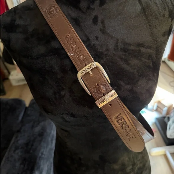 Versace Brown Leather Logo Belt with Silver-Tone Buckle