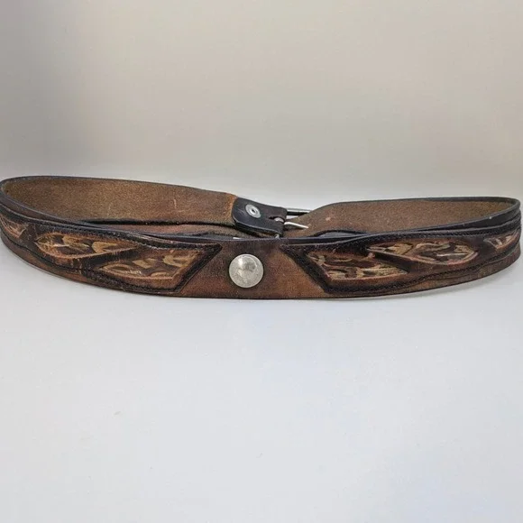 Vintage Indian Motorcycle Tooled Leather Belt Feather Buffalo Nickel Concho Sz34