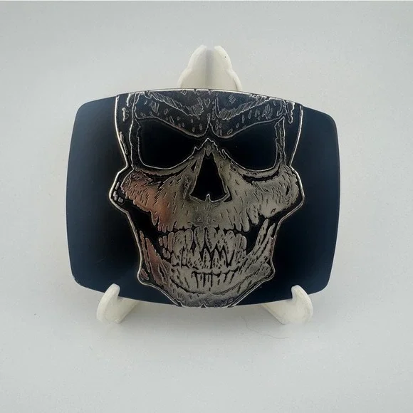 Chrome 6121 Skull Belt Buckle Black Silver Gothic Biker Rectangular Metal Buckle