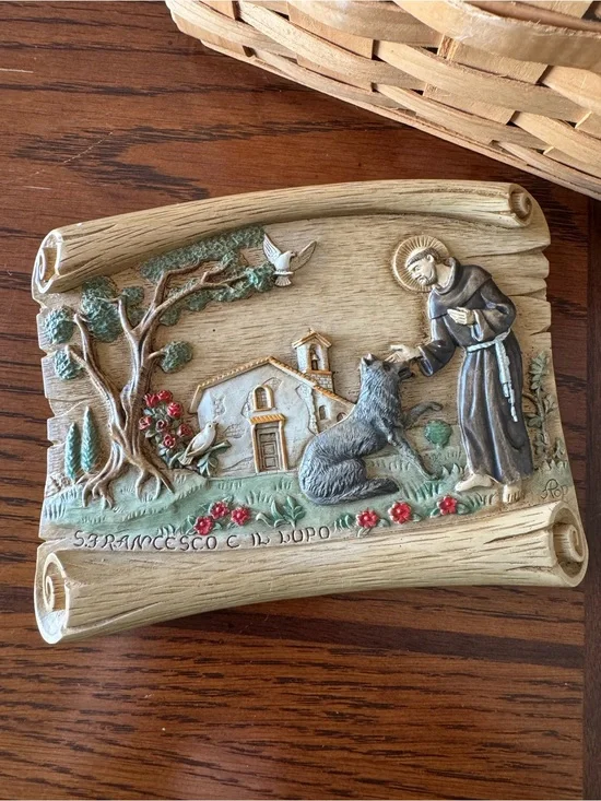 Vtg St. Francis Of Assisi Wall Plaque Art Dipinto a Mano Handmade Francesco