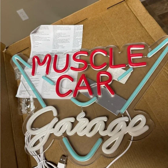 Muscle Car Garage Neon Wall‎ Sign - Red, White & Teal
