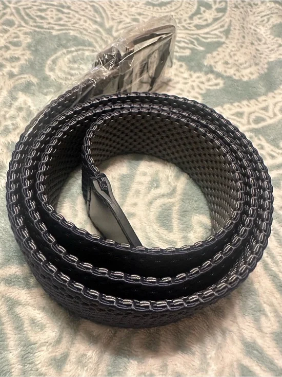 NWT PX Men’s Size M Navy Grey Woven Stretch Belt Leather Trim Adjustable