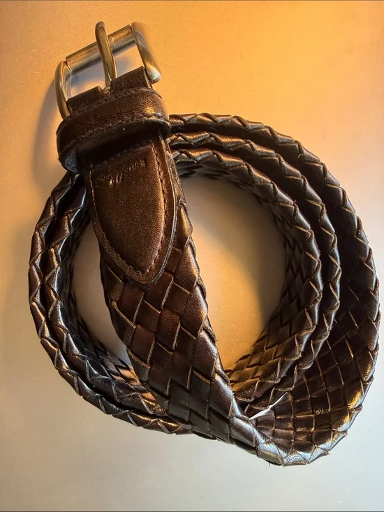 Vintage Bobby Jones Black Braided Leather Belt Solid Brass Buckle