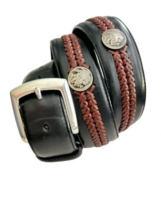 Justin Vintage Black Leather Brown Braided Inlay and Buffalo Nickel Coin Belt 40
