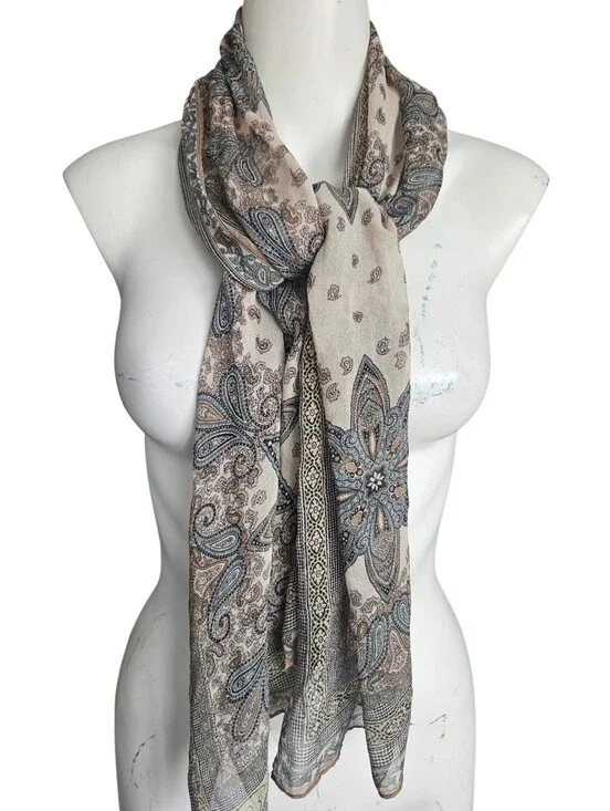 Vintage‎ Oscar de la Renta Silk Scarf Blue Tan Paisley Medallion Boho Print Luxe