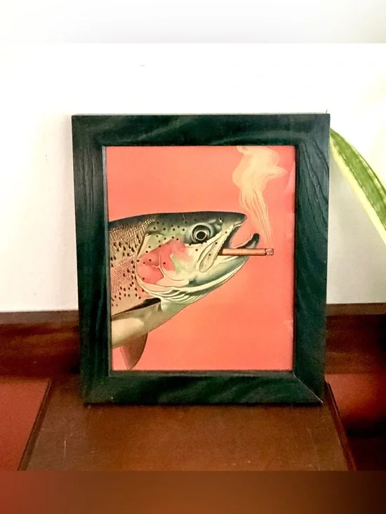 Trout Fish Smoking a Cigarette Vintage Style Canvas Wall Art Print Green Framed